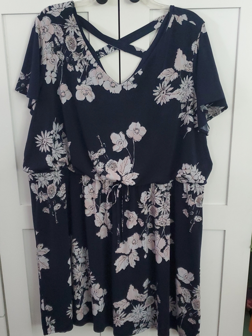 Maurices Navy Dress with Blush Floral Print and Crisscross Back